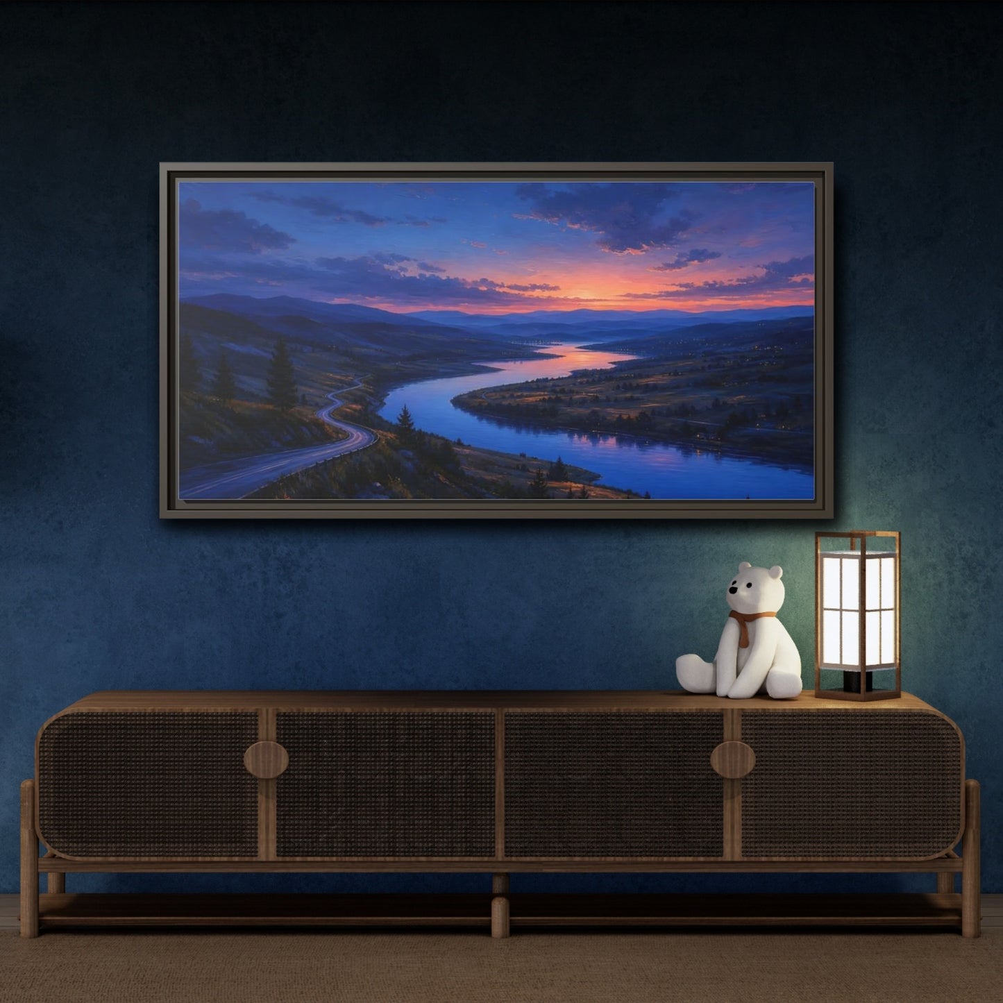 Mockup 4. Nature Winding River Twilight River Valley shown as stretched canvas wall art