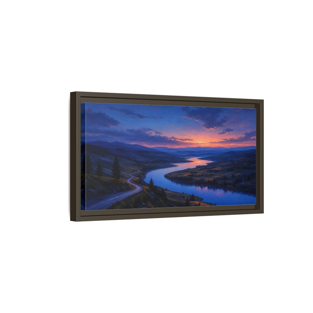 Side Mockup 7. Nature Winding River Twilight River Valley shown as stretched canvas wall art