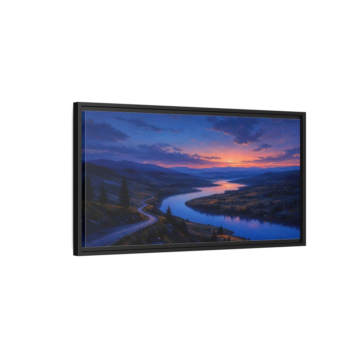 Side Mockup 2. Nature Winding River Twilight River Valley shown as stretched canvas wall art