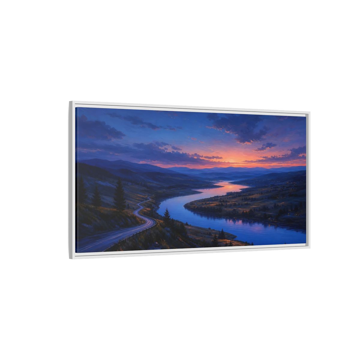 Side Mockup 3. Nature Winding River Twilight River Valley shown as stretched canvas wall art