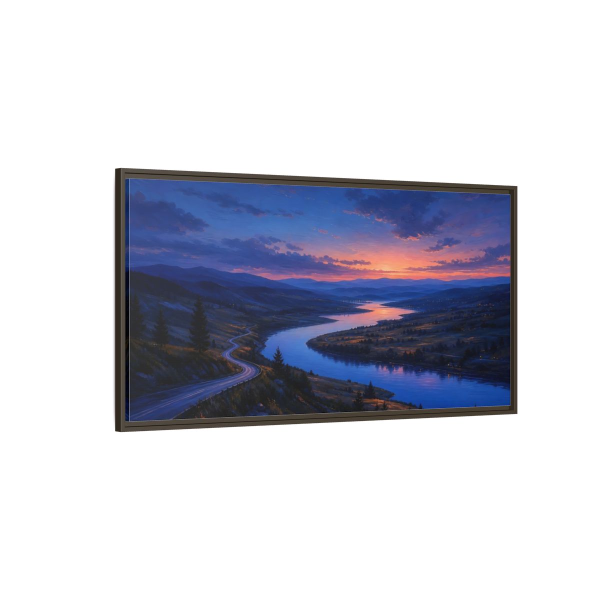 Side Mockup 4. Nature Winding River Twilight River Valley shown as stretched canvas wall art