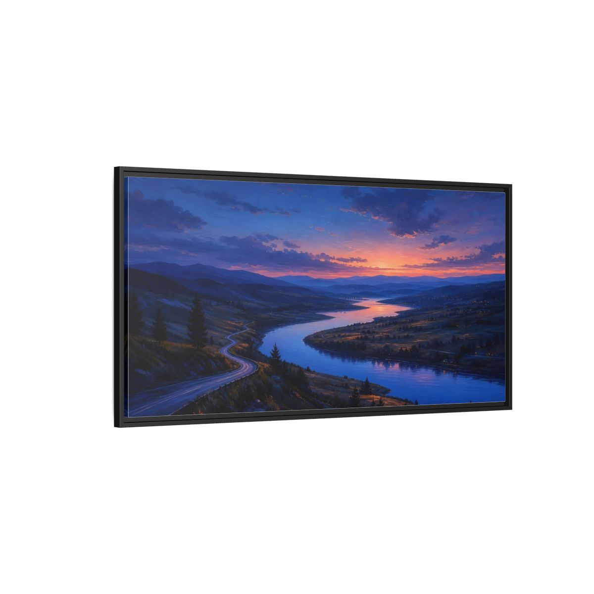 Side Mockup 5. Nature Winding River Twilight River Valley shown as stretched canvas wall art
