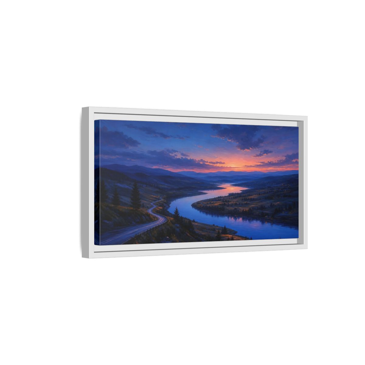 Side Mockup 6. Nature Winding River Twilight River Valley shown as stretched canvas wall art