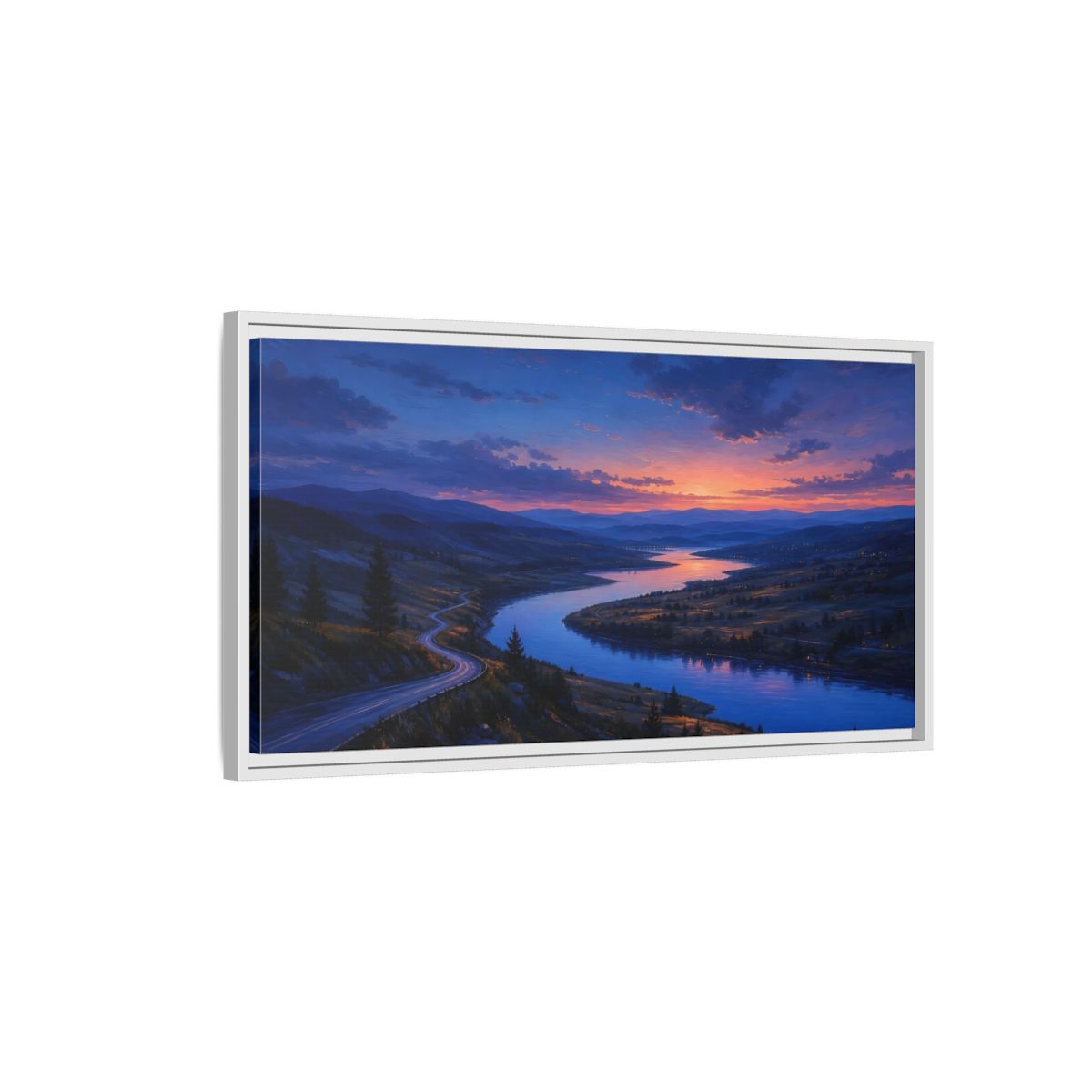 Side Mockup 1. Nature Winding River Twilight River Valley shown as stretched canvas wall art