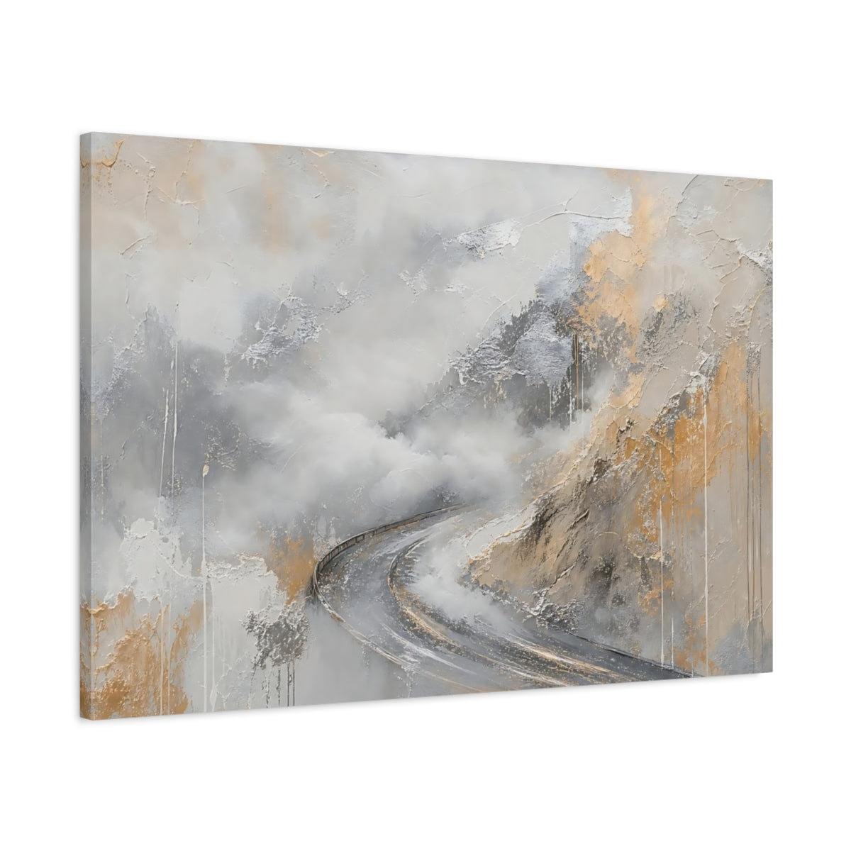 Main Mockup. Nature Winding Road Grey And Gold Abstract shown as stretched canvas wall art