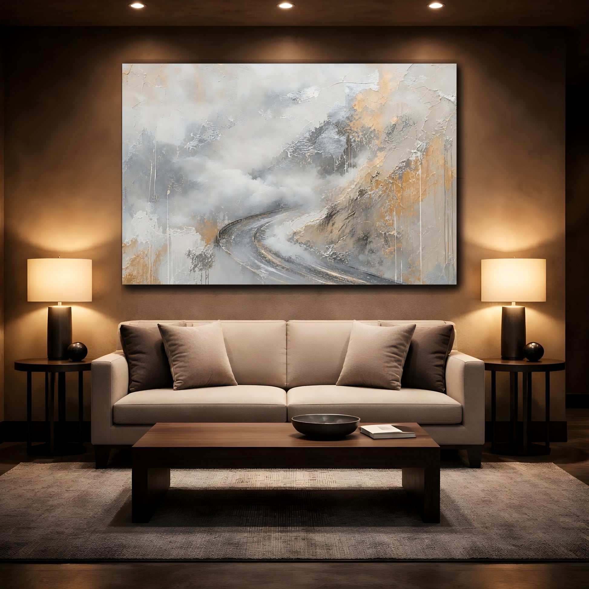 Mockup 2. Nature Winding Road Grey And Gold Abstract shown as stretched canvas wall art
