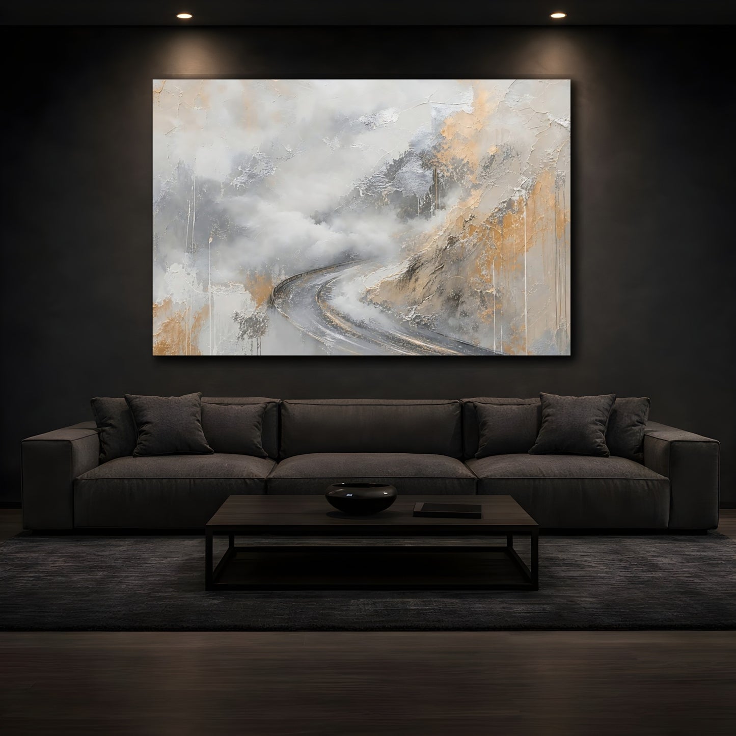Mockup 3. Nature Winding Road Grey And Gold Abstract shown as stretched canvas wall art
