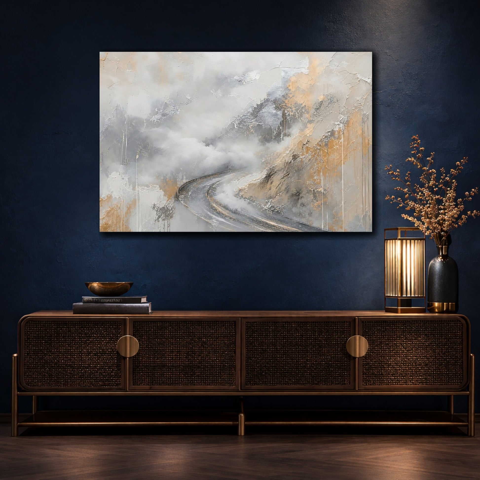 Mockup 4. Nature Winding Road Grey And Gold Abstract shown as stretched canvas wall art