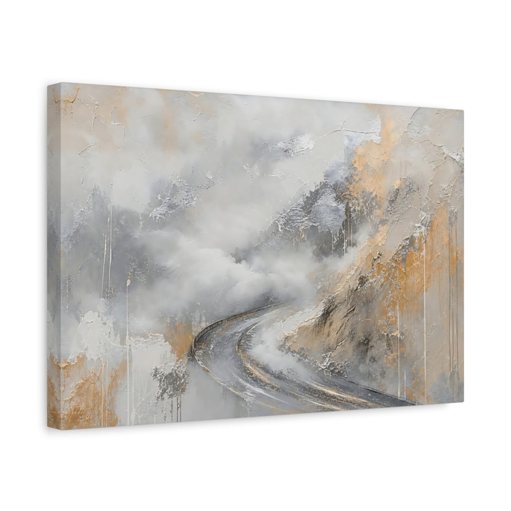 Side Mockup 4. Nature Winding Road Grey And Gold Abstract shown as stretched canvas wall art