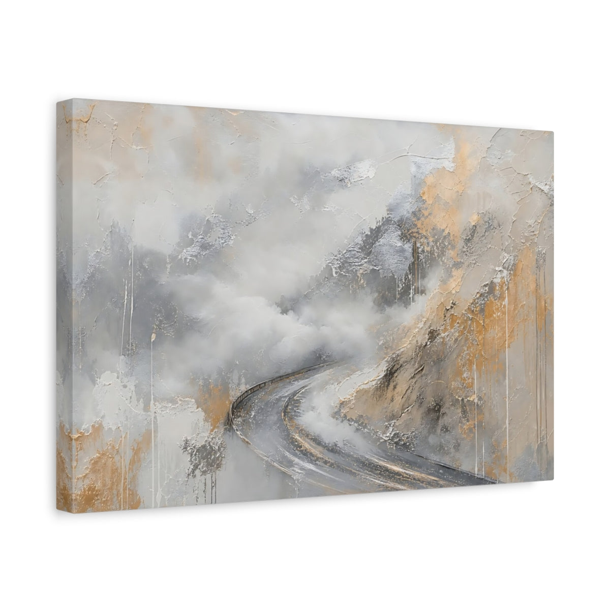 Side Mockup 4. Nature Winding Road Grey And Gold Abstract shown as stretched canvas wall art