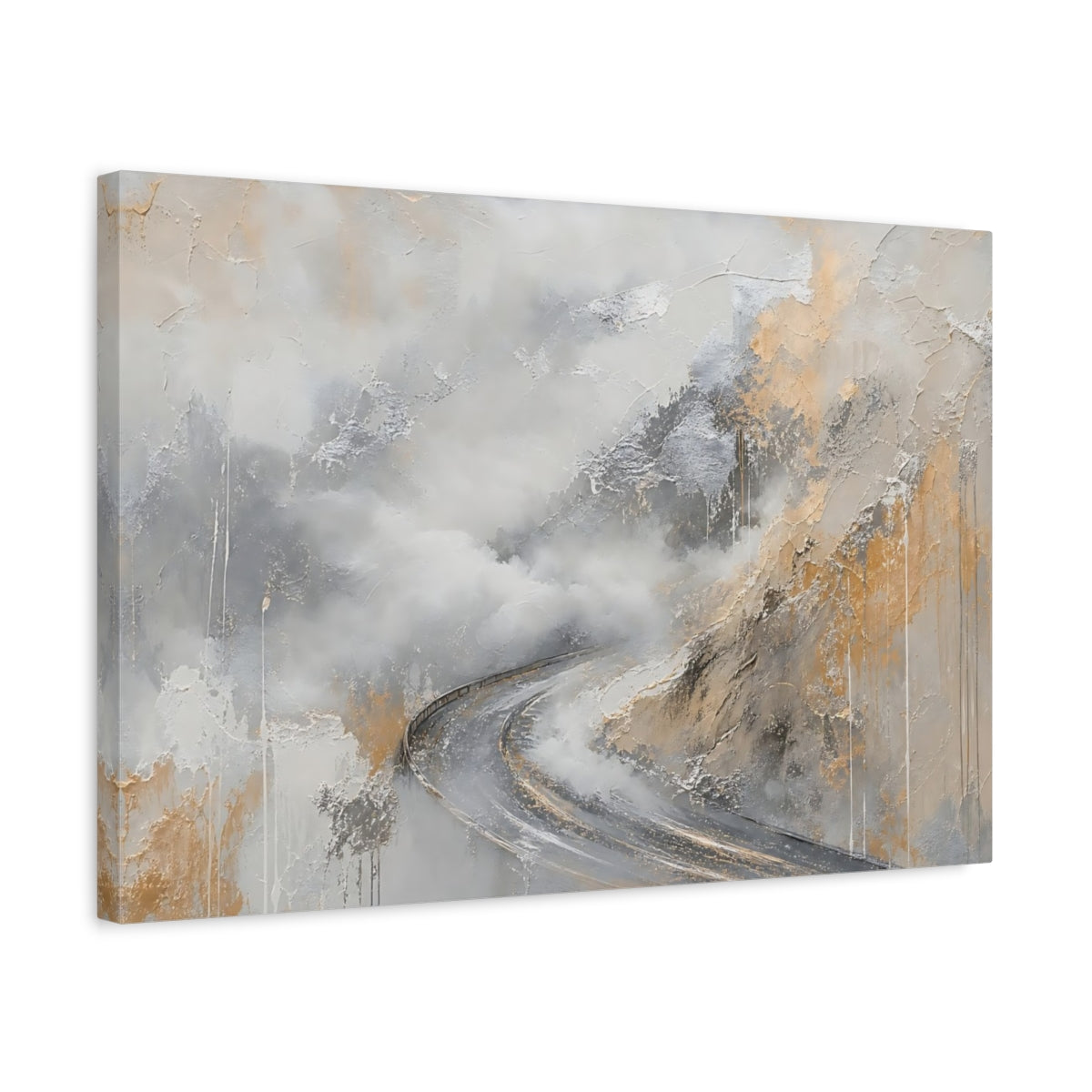 Side Mockup 3. Nature Winding Road Grey And Gold Abstract shown as stretched canvas wall art