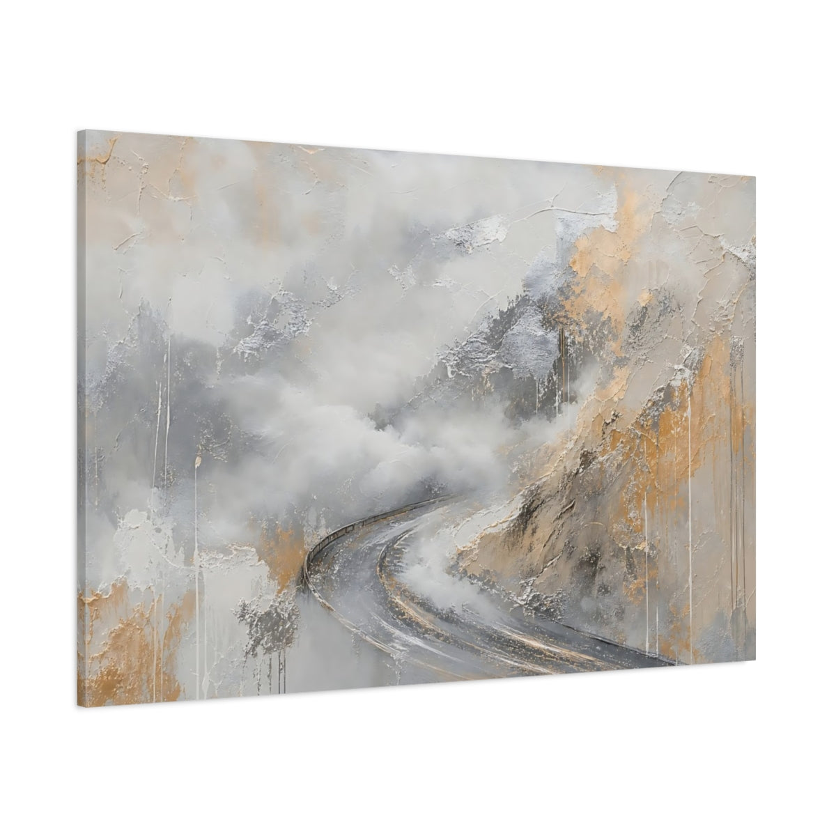 Side Mockup 1. Nature Winding Road Grey And Gold Abstract shown as stretched canvas wall art
