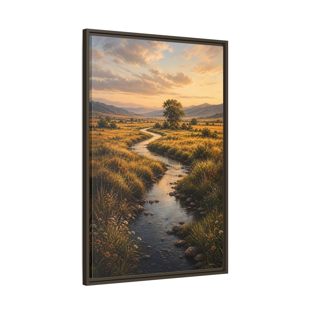 Nature Winding Stream Golden Meadow Framed Canvas Wall Art - Realistic Living Room, Above Fireplace shown as canvas wall art