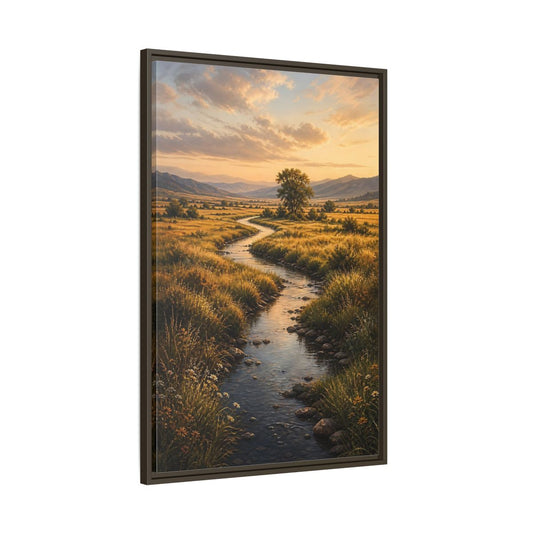 Main Mockup. Nature Winding Stream Golden Meadow shown as stretched canvas wall art