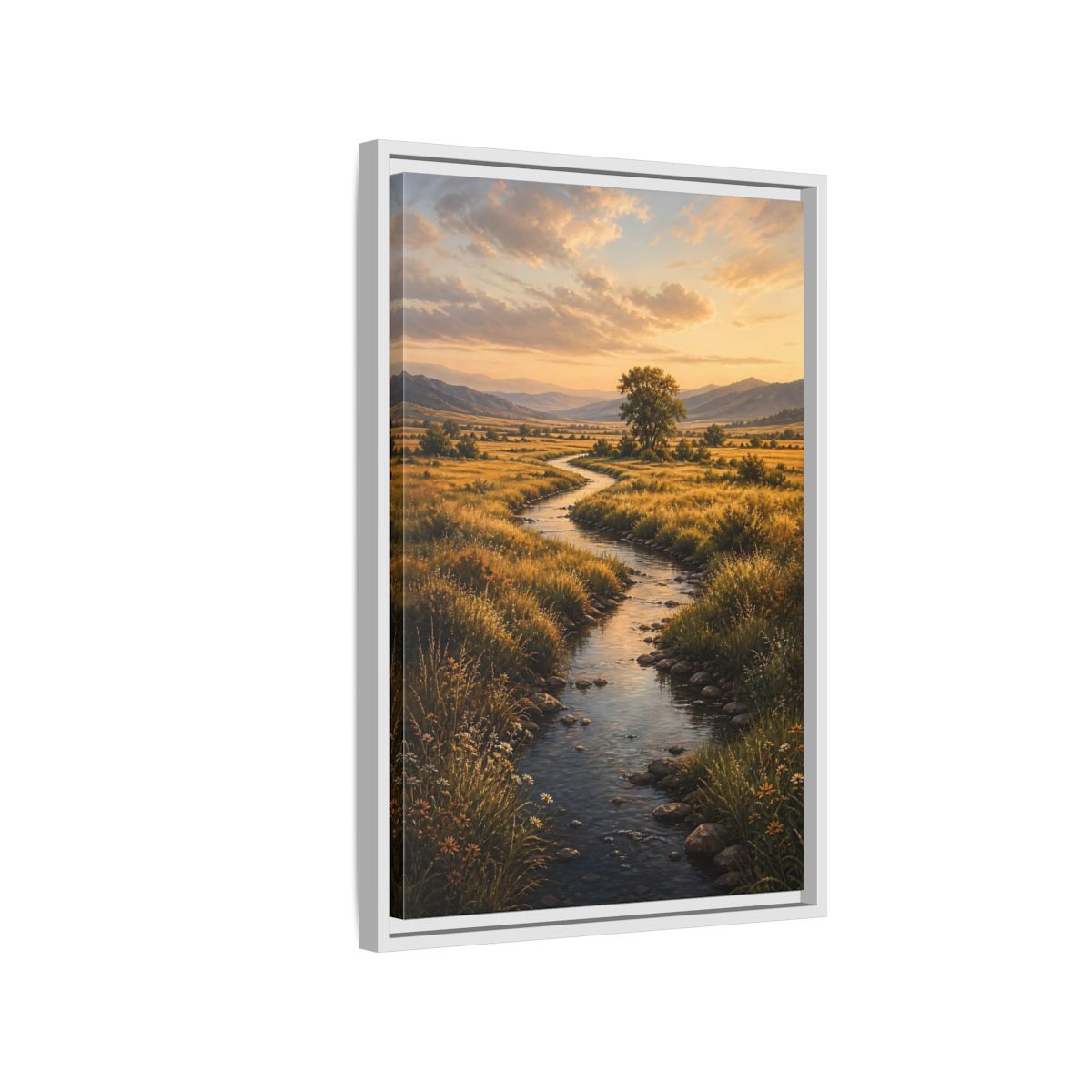 Nature Winding Stream Golden Meadow Framed Canvas Wall Art - Realistic Living Room, Above Fireplace shown as canvas wall art
