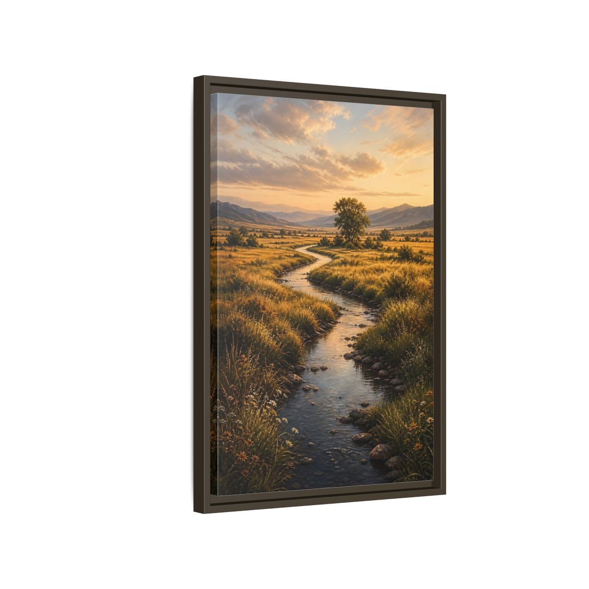 Nature Winding Stream Golden Meadow Framed Canvas Wall Art - Realistic Living Room, Above Fireplace shown as canvas wall art