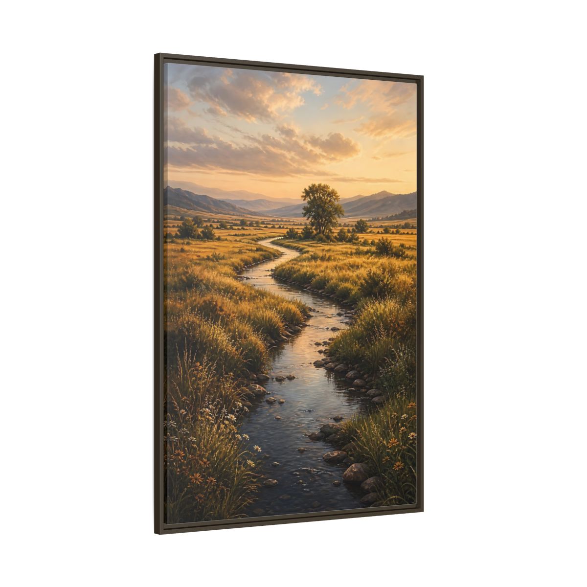 Nature Winding Stream Golden Meadow Framed Canvas Wall Art - Realistic Living Room, Above Fireplace shown as canvas wall art