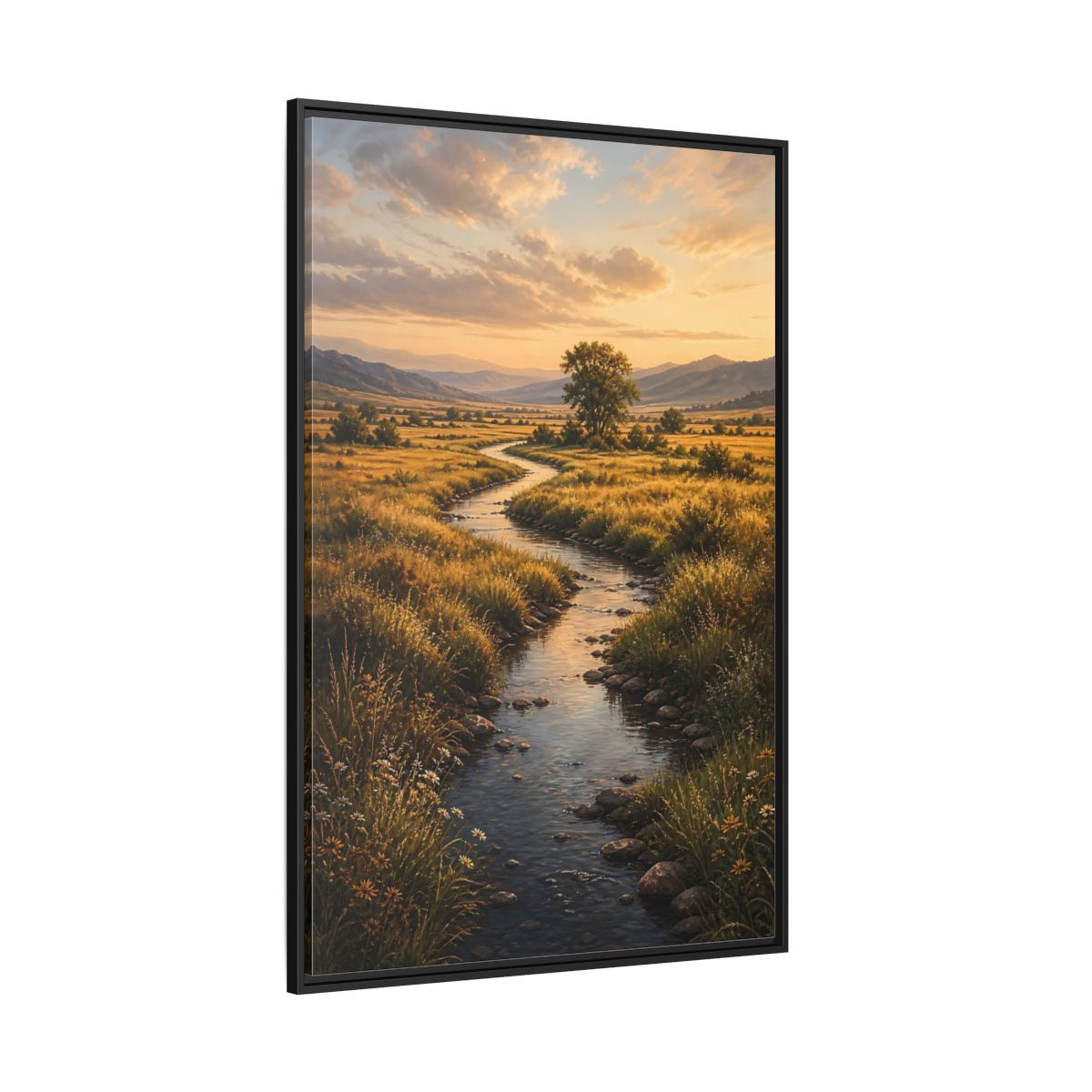 Nature Winding Stream Golden Meadow Framed Canvas Wall Art - Realistic Living Room, Above Fireplace shown as canvas wall art