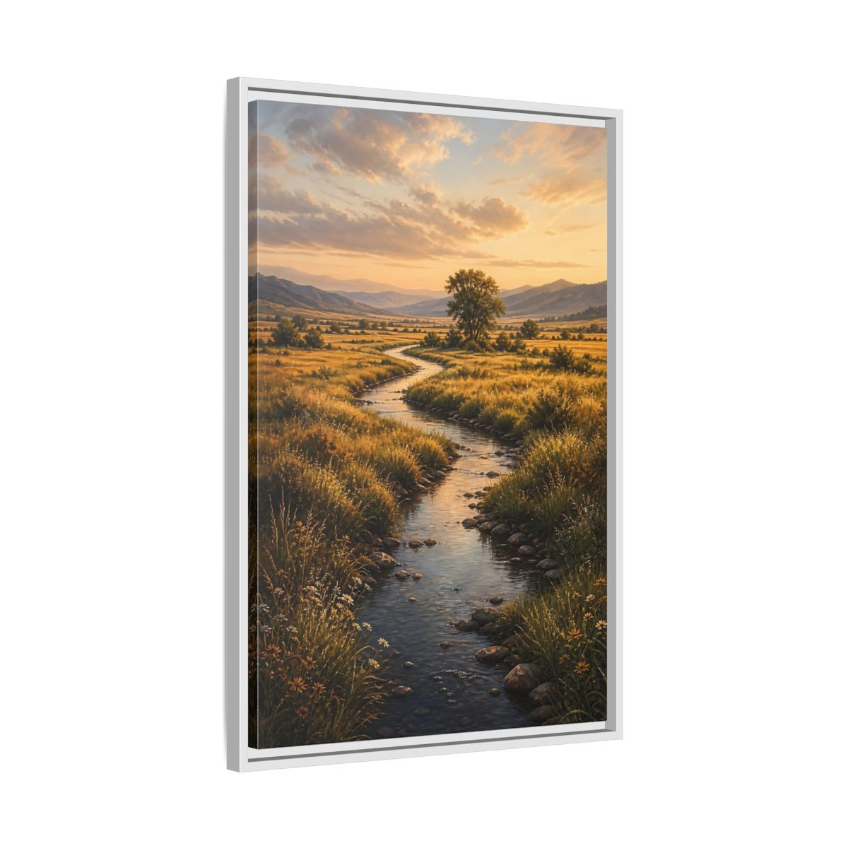 Nature Winding Stream Golden Meadow Framed Canvas Wall Art - Realistic Living Room, Above Fireplace shown as canvas wall art