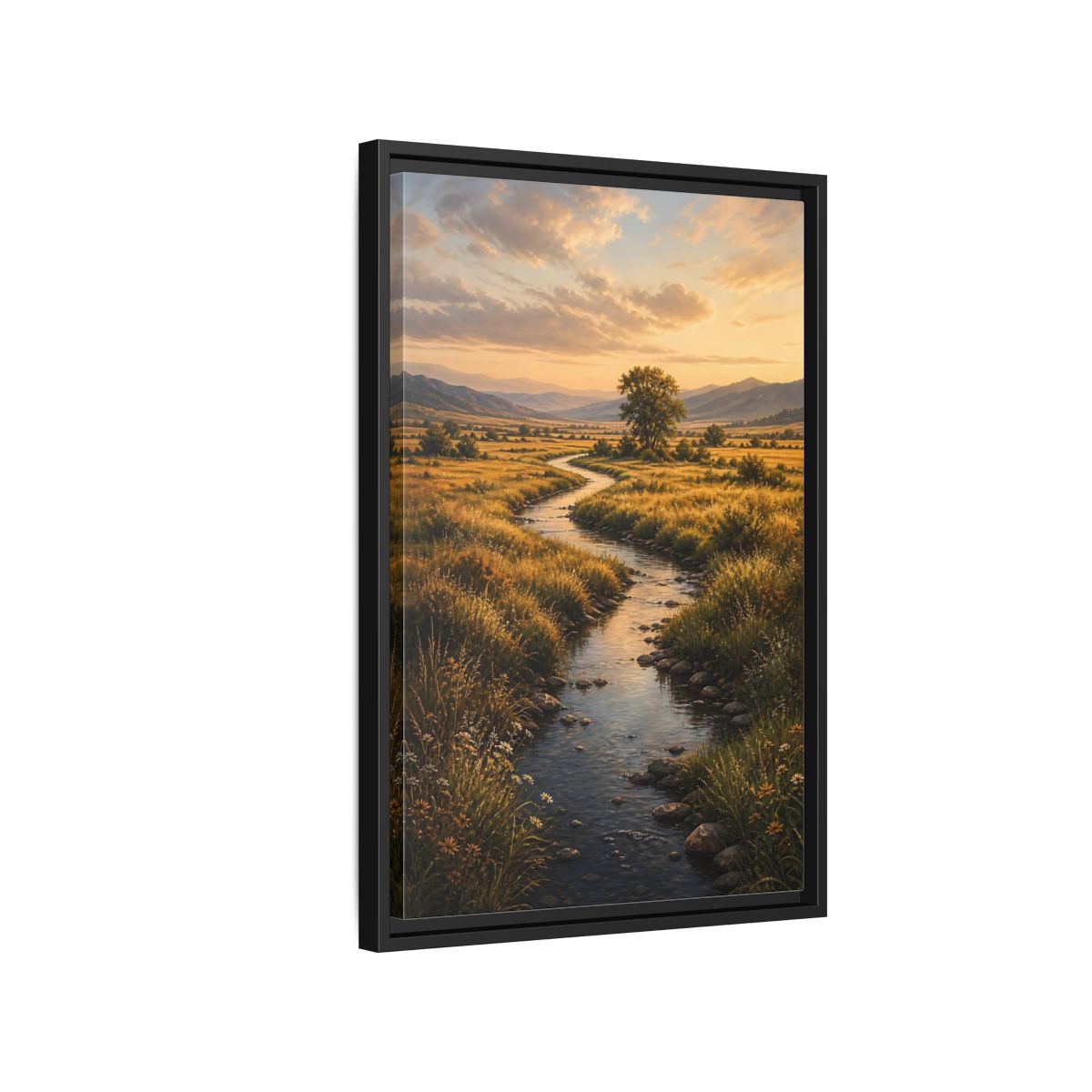 Nature Winding Stream Golden Meadow Framed Canvas Wall Art - Realistic Living Room, Above Fireplace shown as canvas wall art
