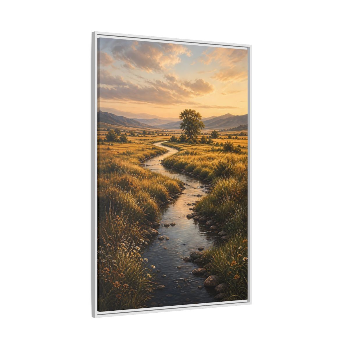 Nature Winding Stream Golden Meadow Framed Canvas Wall Art - Realistic Living Room, Above Fireplace shown as canvas wall art