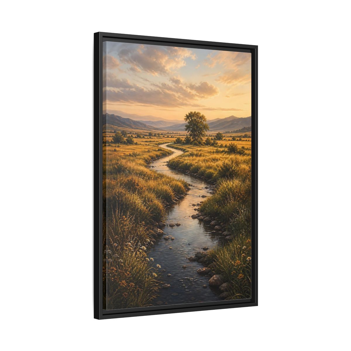 Nature Winding Stream Golden Meadow Framed Canvas Wall Art - Realistic Living Room, Above Fireplace shown as canvas wall art