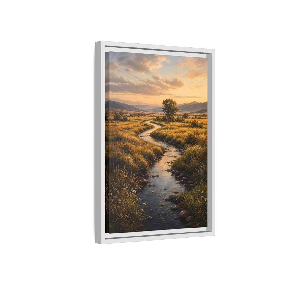 Nature Winding Stream Golden Meadow Framed Canvas Wall Art - Realistic Living Room, Above Fireplace shown as canvas wall art