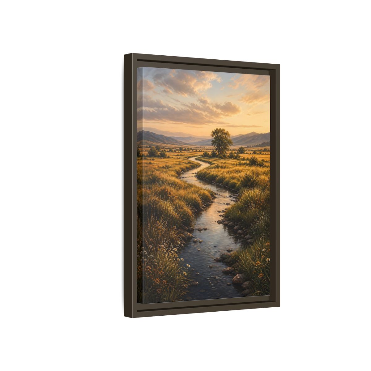 Nature Winding Stream Golden Meadow Framed Canvas Wall Art - Realistic Living Room, Above Fireplace shown as canvas wall art