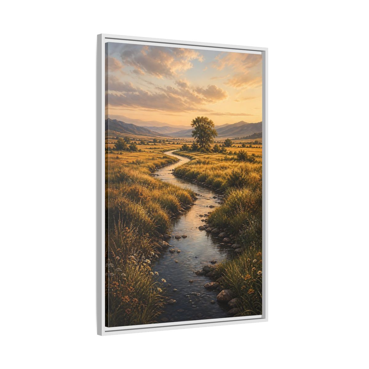 Nature Winding Stream Golden Meadow Framed Canvas Wall Art - Realistic Living Room, Above Fireplace shown as canvas wall art