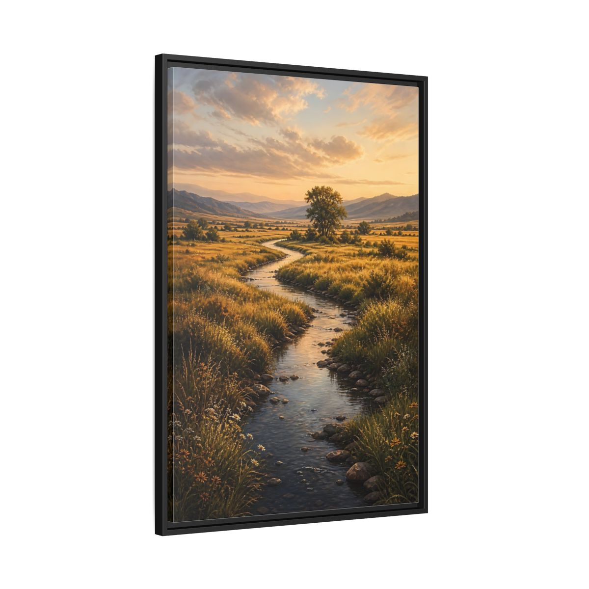 Nature Winding Stream Golden Meadow Framed Canvas Wall Art - Realistic Living Room, Above Fireplace shown as canvas wall art