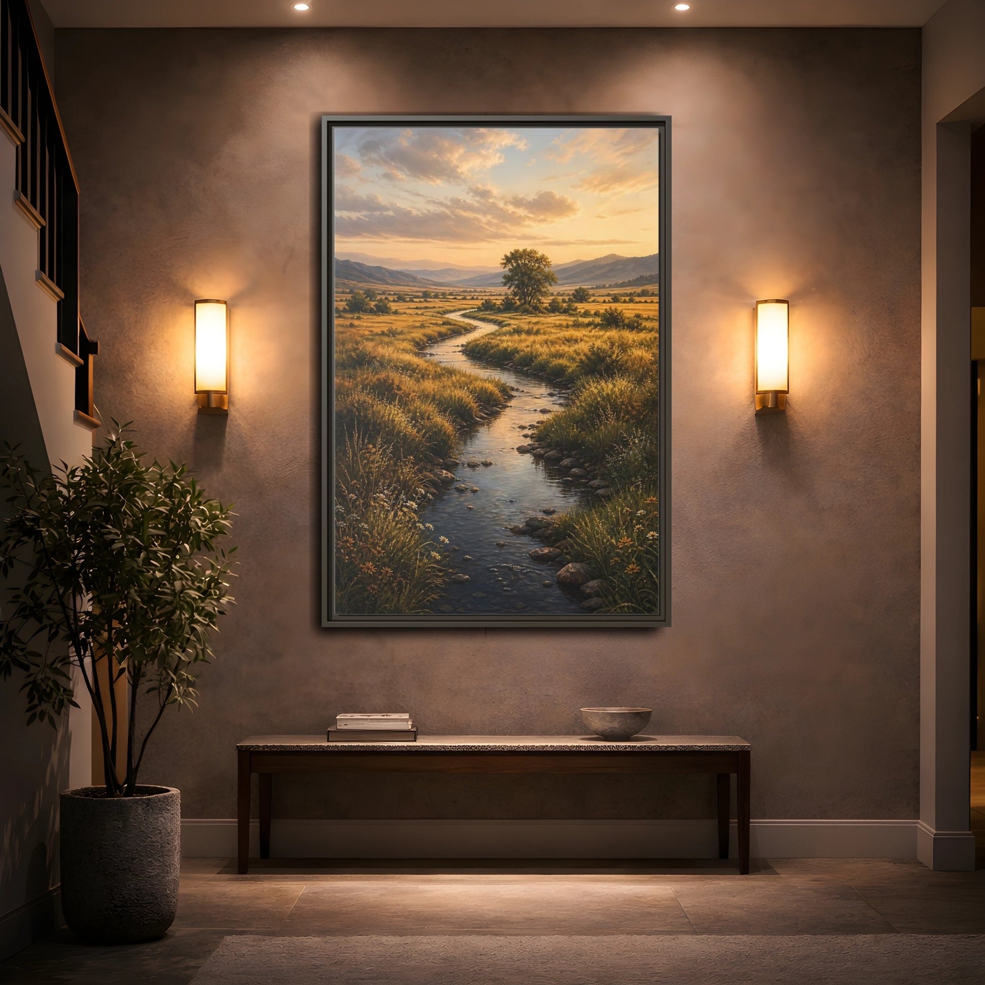 Nature Winding Stream Golden Meadow Framed Canvas Wall Art - Realistic Living Room, Above Fireplace shown as canvas wall art