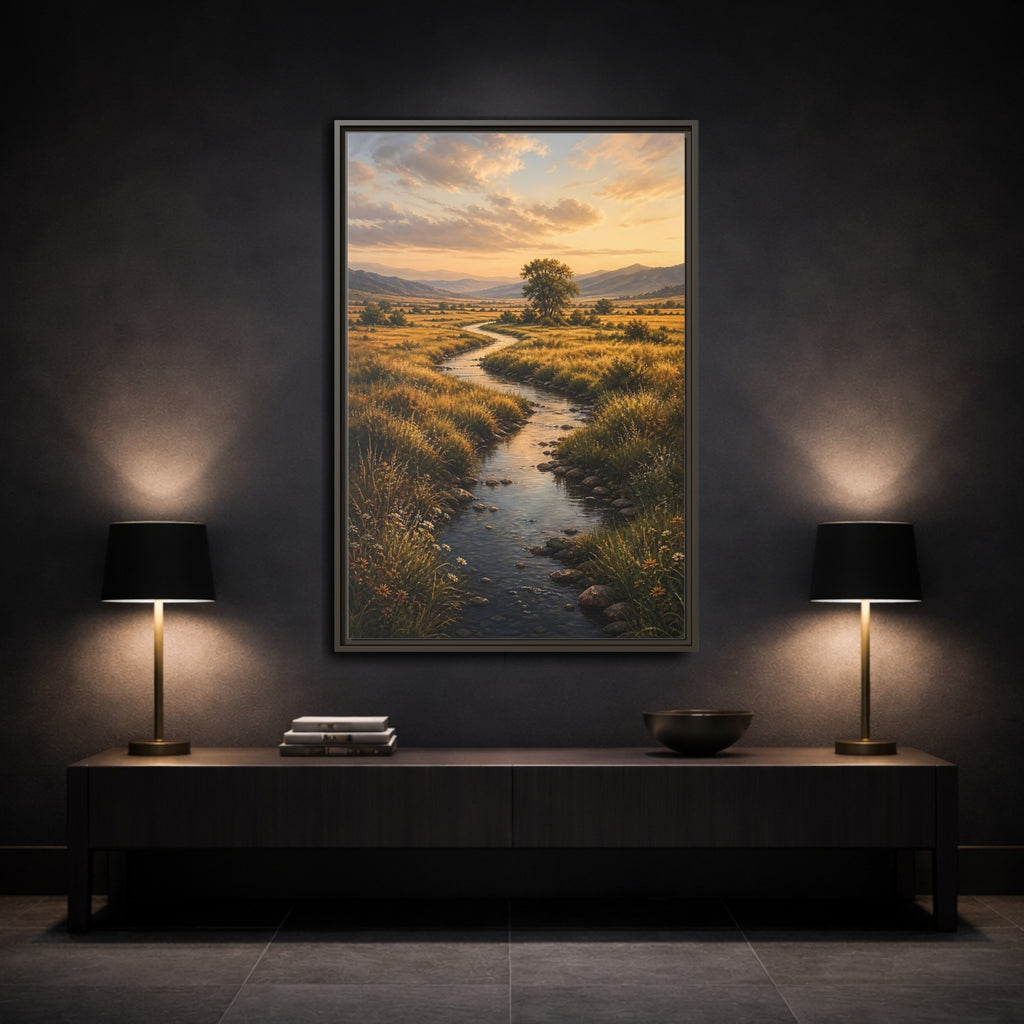 Mockup 3. Nature Winding Stream Golden Meadow shown as stretched canvas wall art