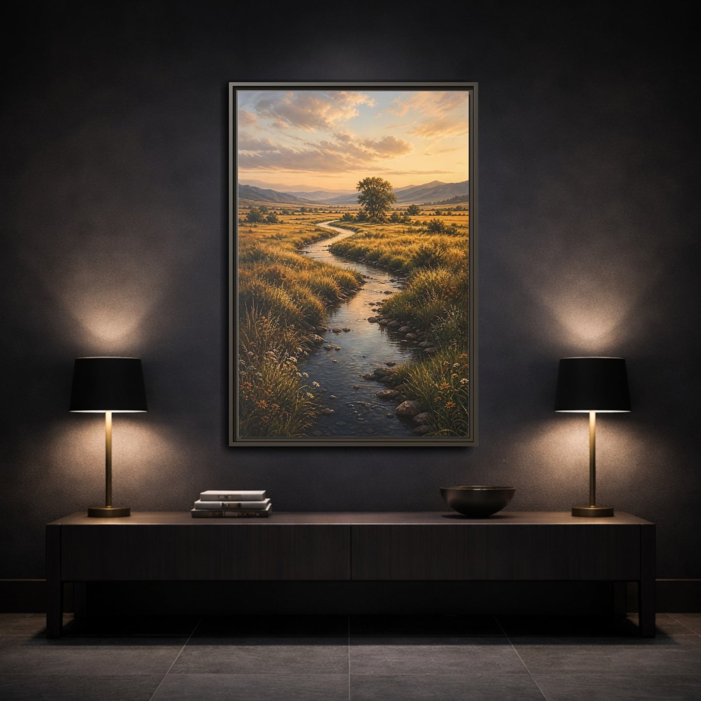 Nature Winding Stream Golden Meadow Framed Canvas Wall Art - Realistic Living Room, Above Fireplace shown as canvas wall art