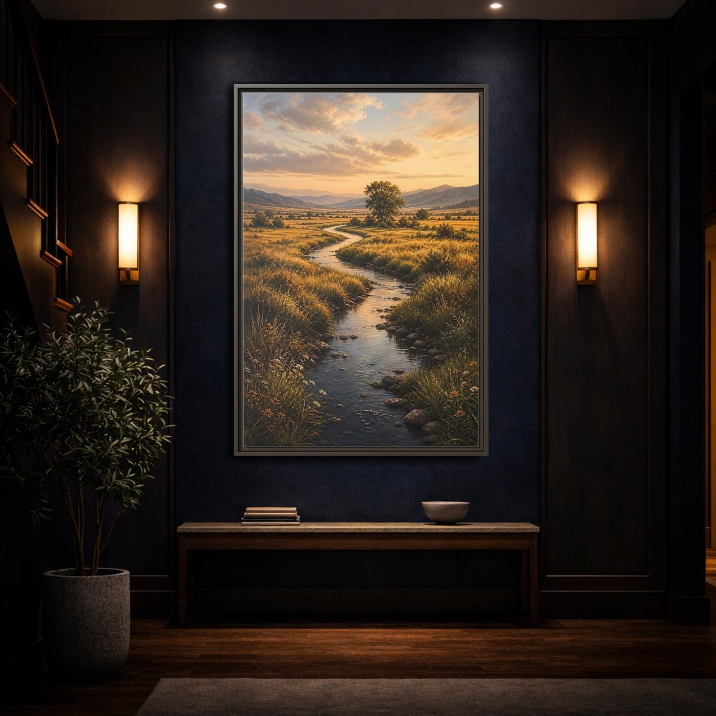 Nature Winding Stream Golden Meadow Framed Canvas Wall Art - Realistic Living Room, Above Fireplace shown as canvas wall art