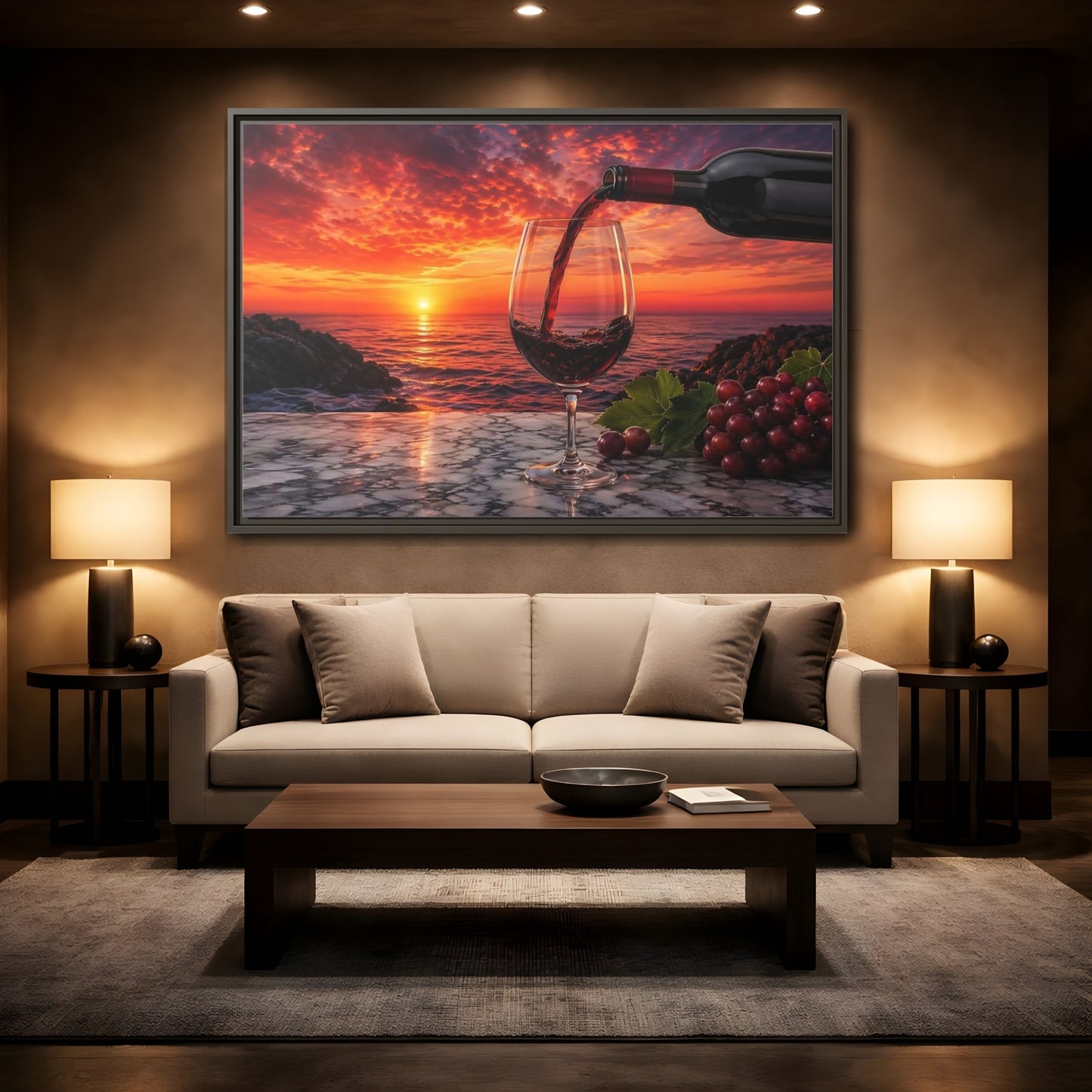 Mockup 2. Nature Wine Glass Red Sunset shown as stretched canvas wall art