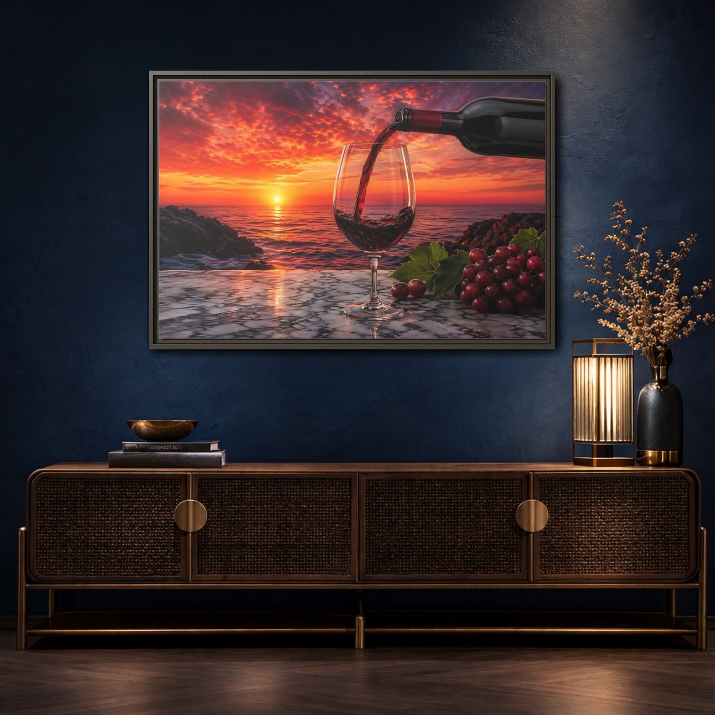 Mockup 4. Nature Wine Glass Red Sunset shown as stretched canvas wall art
