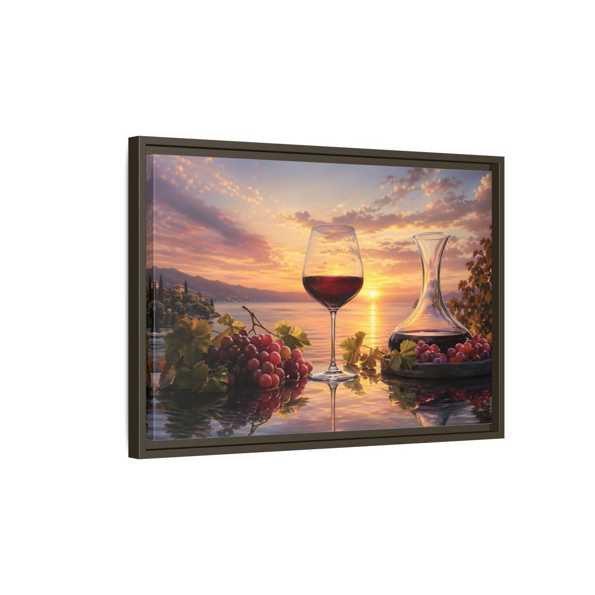Side Mockup 2. Nature Wine Glass Sunset Wine Scene shown as stretched canvas wall art