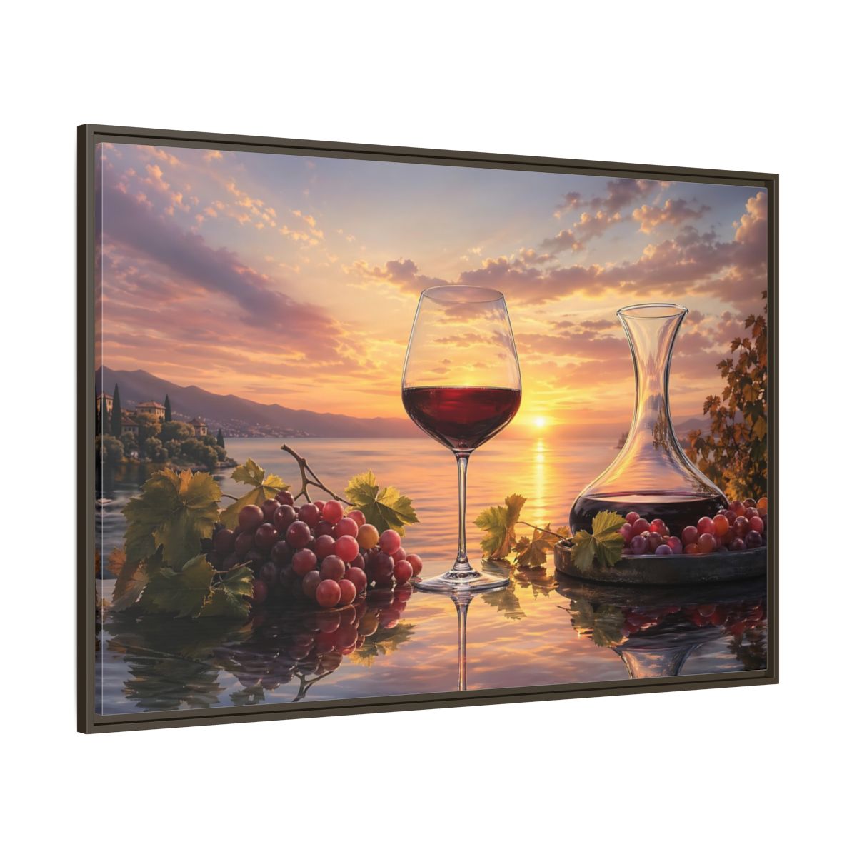 Side Mockup 8. Nature Wine Glass Sunset Wine Scene shown as stretched canvas wall art