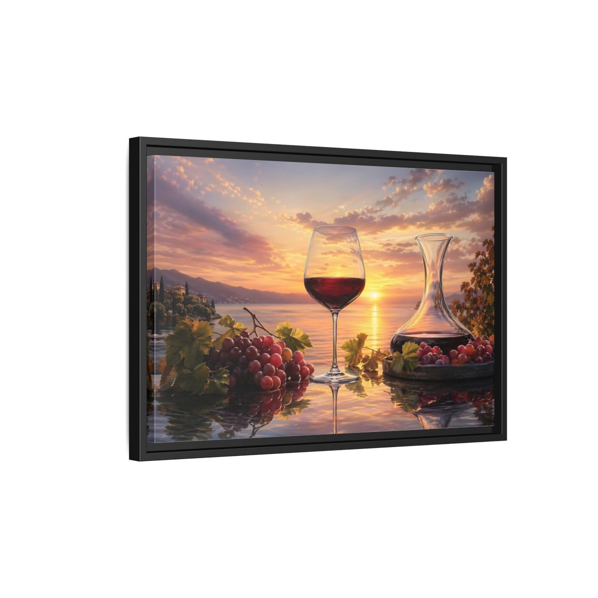 Side Mockup 3. Nature Wine Glass Sunset Wine Scene shown as stretched canvas wall art