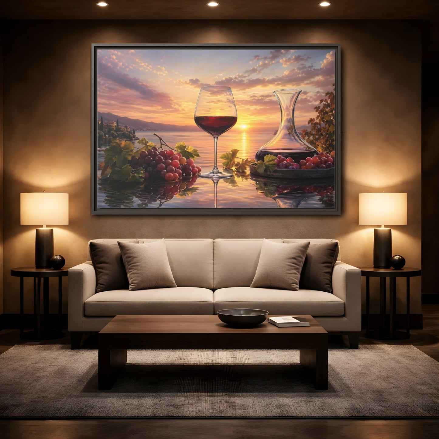 Mockup 2. Nature Wine Glass Sunset Wine Scene shown as stretched canvas wall art