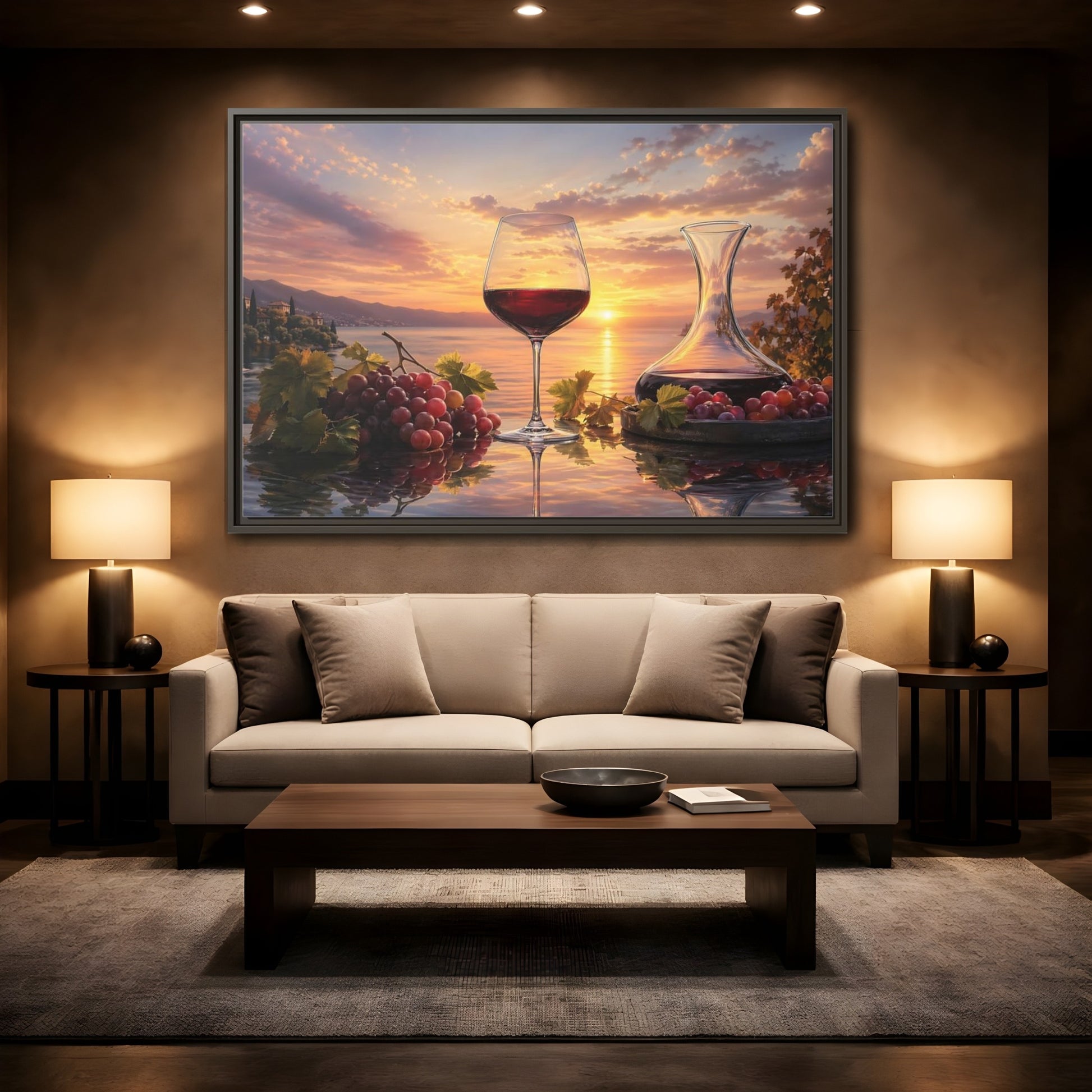 Mockup 2. Nature Wine Glass Sunset Wine Scene shown as stretched canvas wall art
