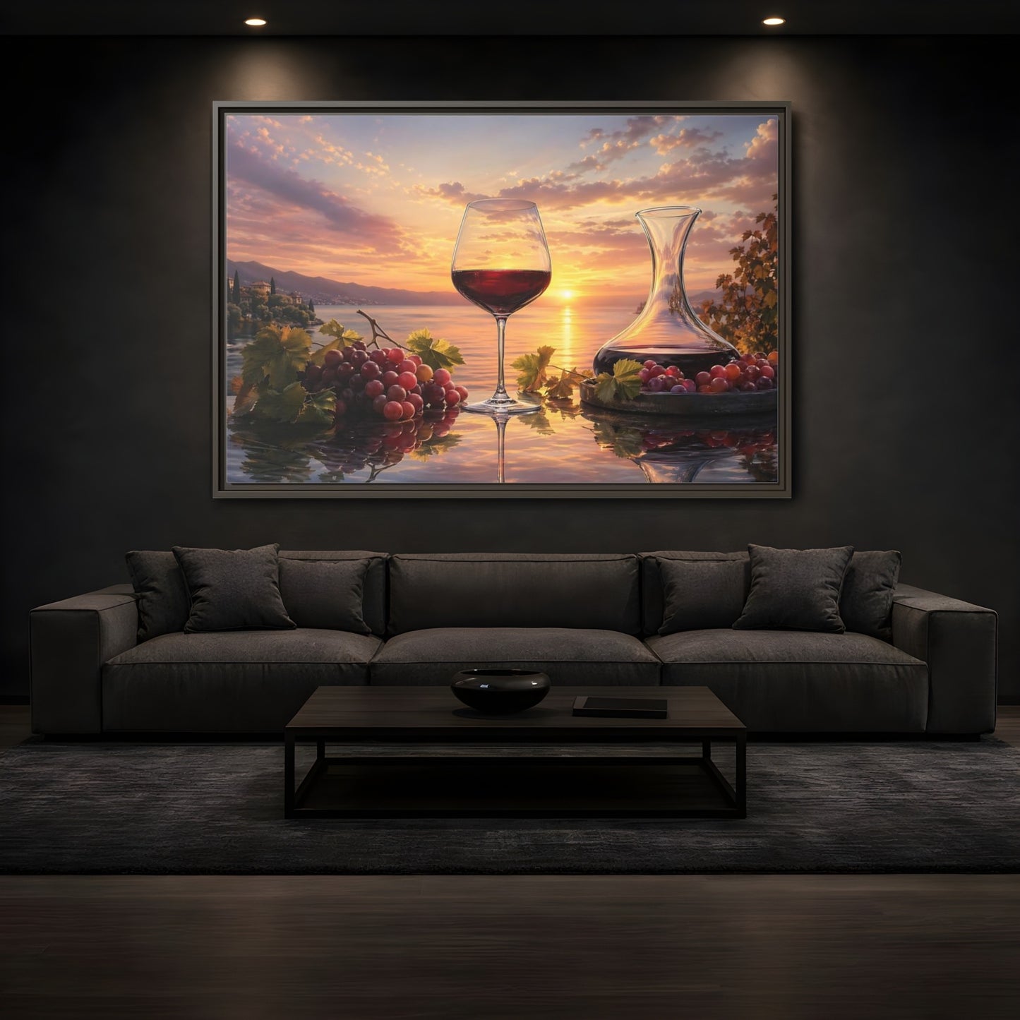 Mockup 3. Nature Wine Glass Sunset Wine Scene shown as stretched canvas wall art