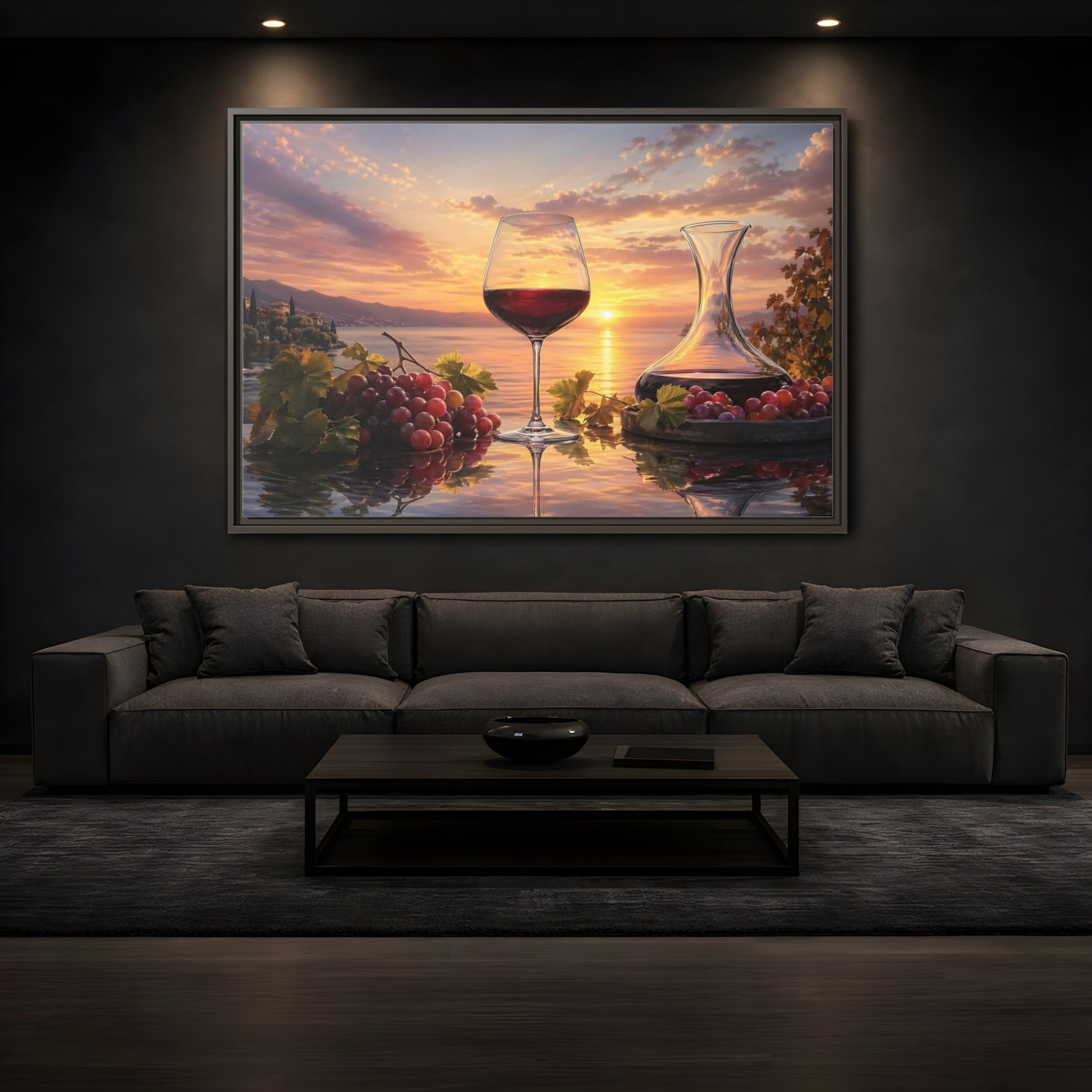 Mockup 3. Nature Wine Glass Sunset Wine Scene shown as stretched canvas wall art