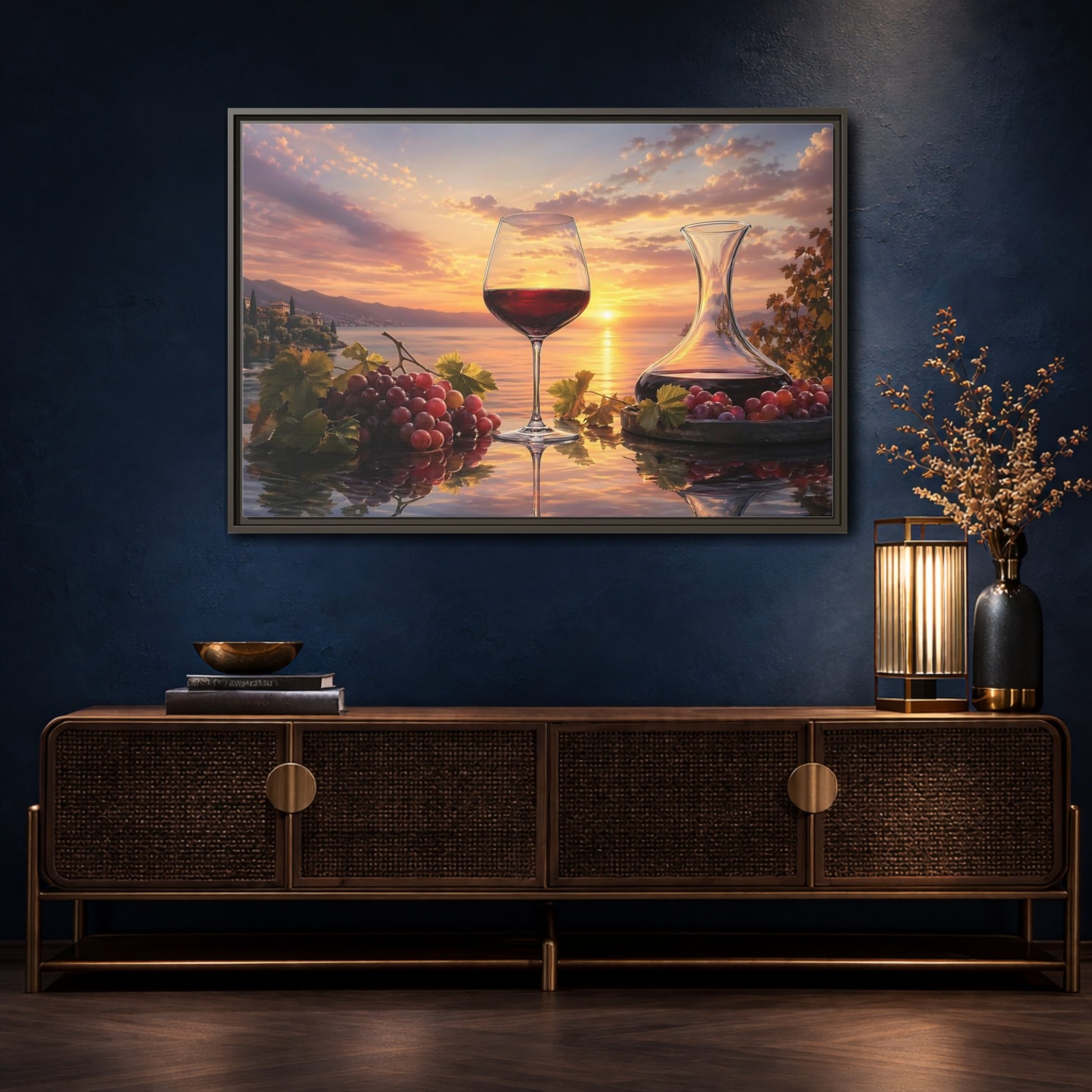 Mockup 4. Nature Wine Glass Sunset Wine Scene shown as stretched canvas wall art