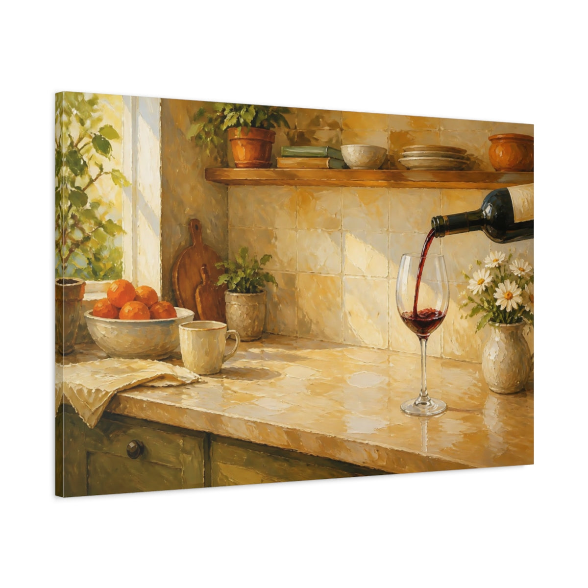 Main Mockup. Nature Wine Pour Warm Kitchen shown as stretched canvas wall art
