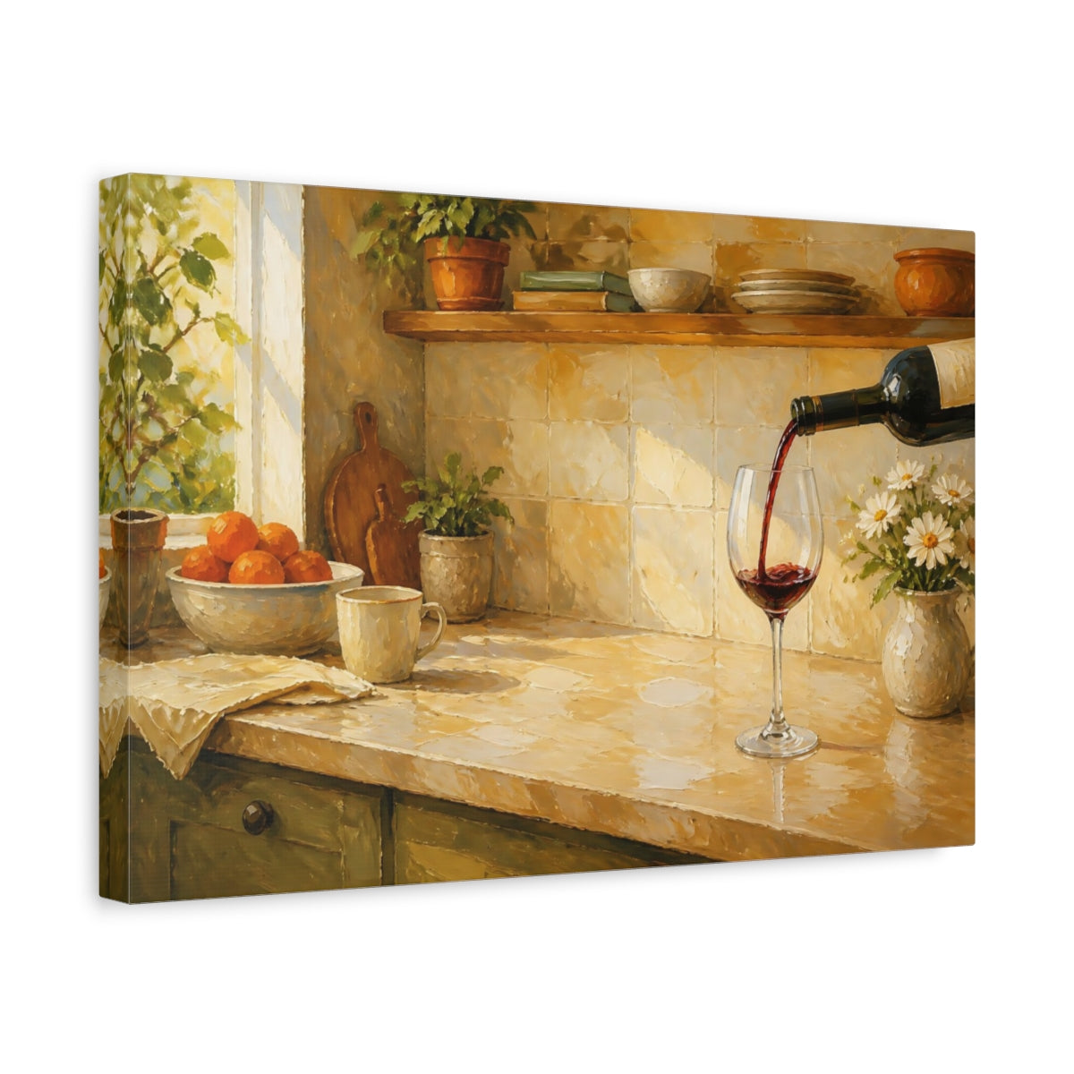 Side Mockup 4. Nature Wine Pour Warm Kitchen shown as stretched canvas wall art