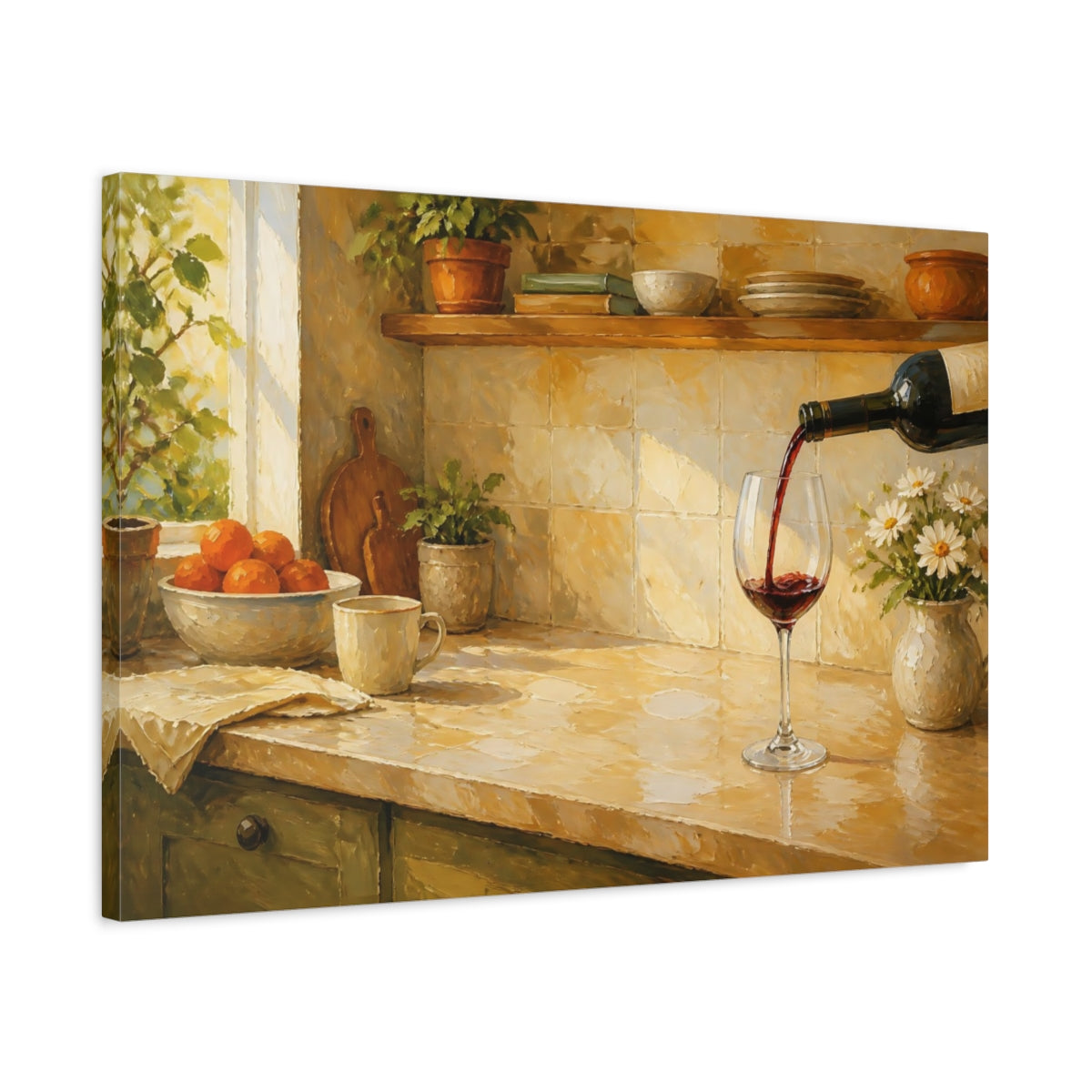 Side Mockup 2. Nature Wine Pour Warm Kitchen shown as stretched canvas wall art