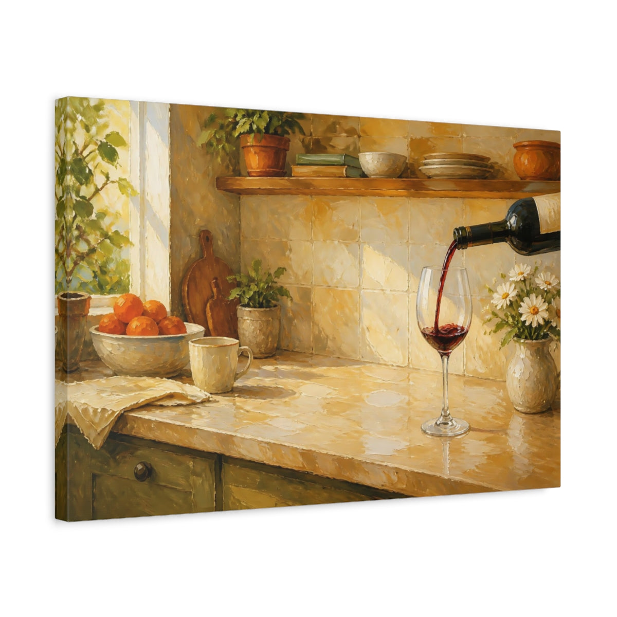 Side Mockup 3. Nature Wine Pour Warm Kitchen shown as stretched canvas wall art