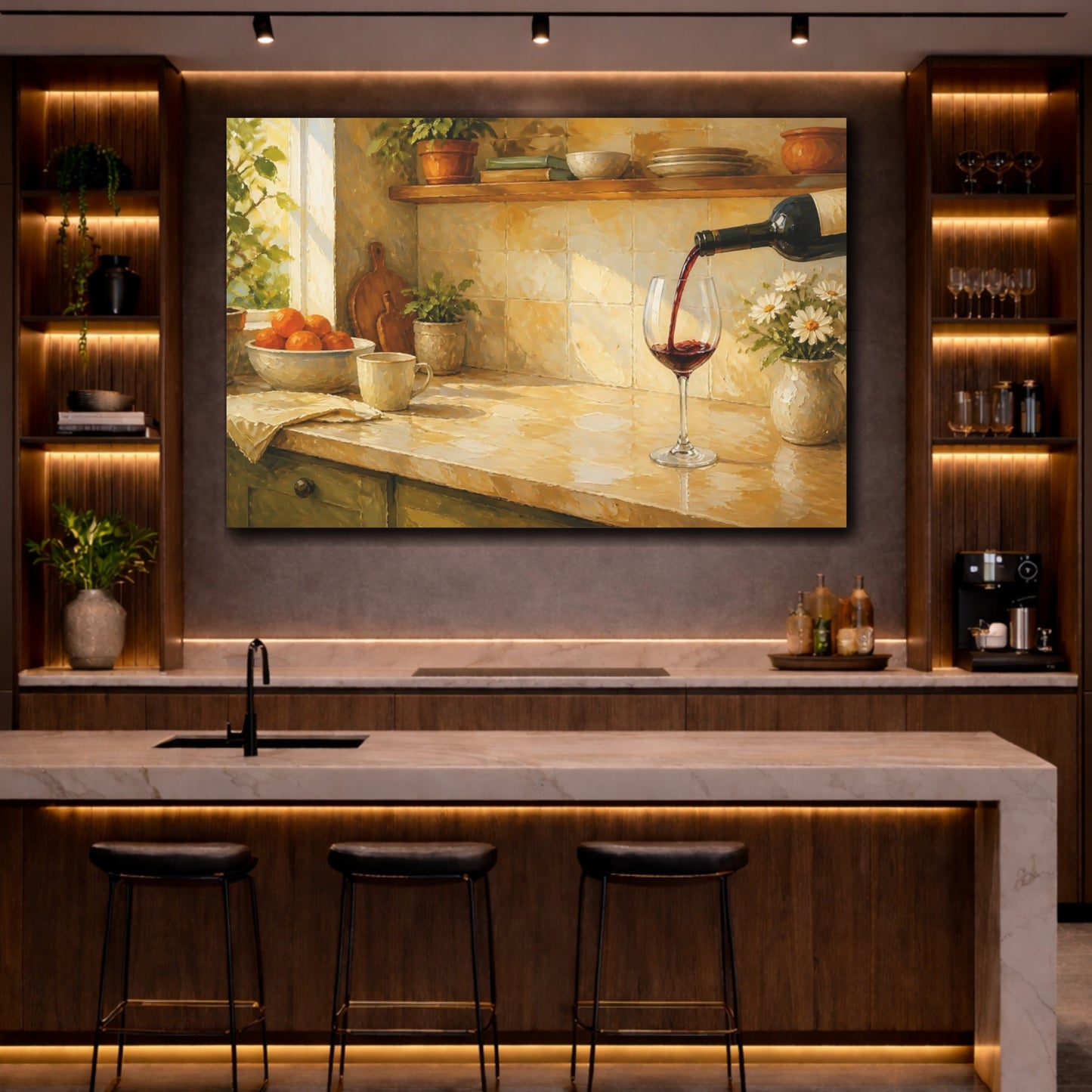 Mockup 2. Nature Wine Pour Warm Kitchen shown as stretched canvas wall art