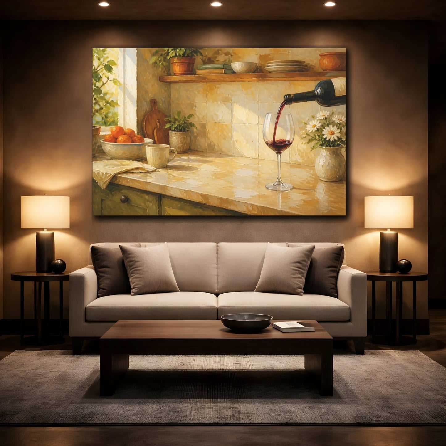 Mockup 3. Nature Wine Pour Warm Kitchen shown as stretched canvas wall art
